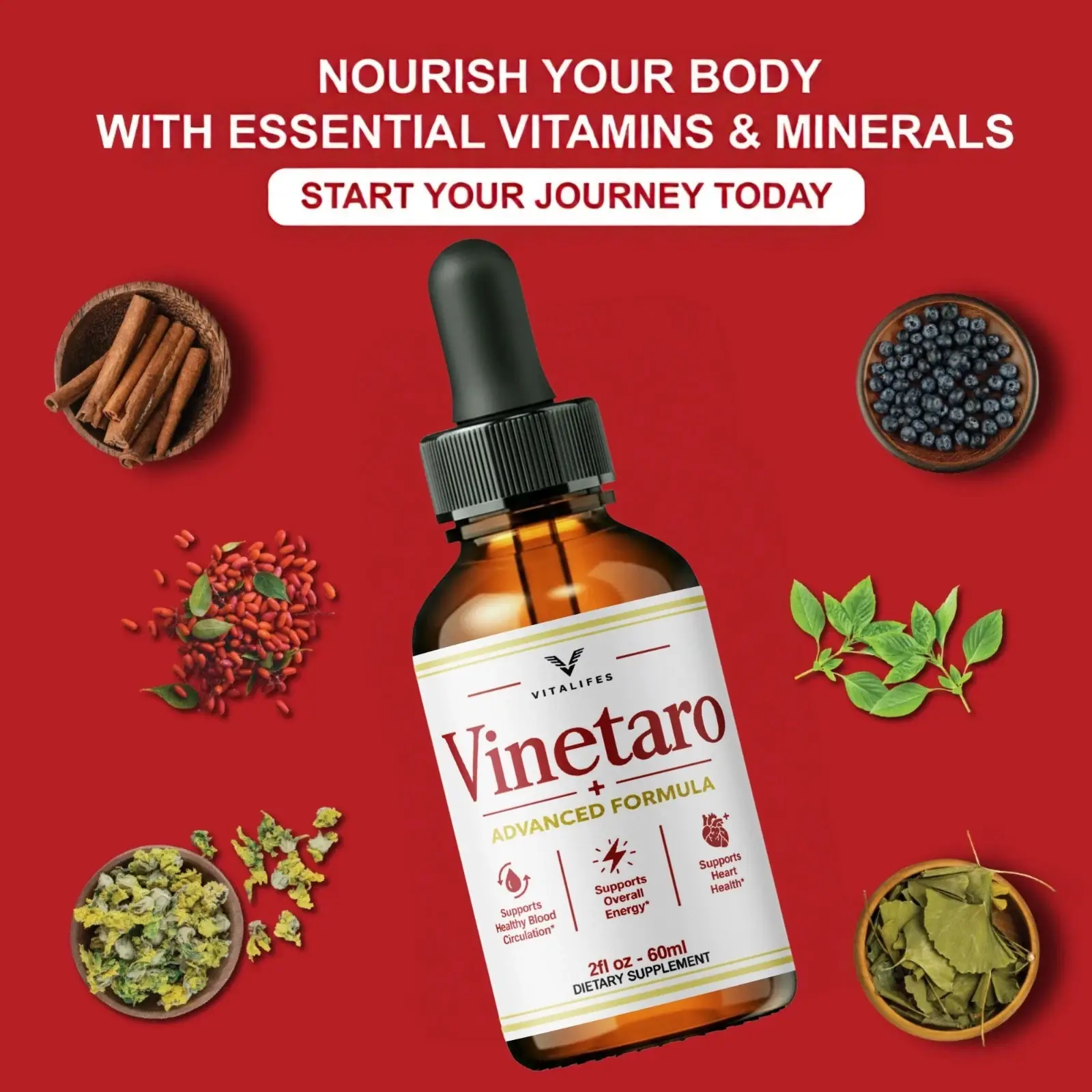 The seller&rsquo;s essential-vitamins panel for Vinetaro Drops, showing the bottle surrounded by six botanical photographs