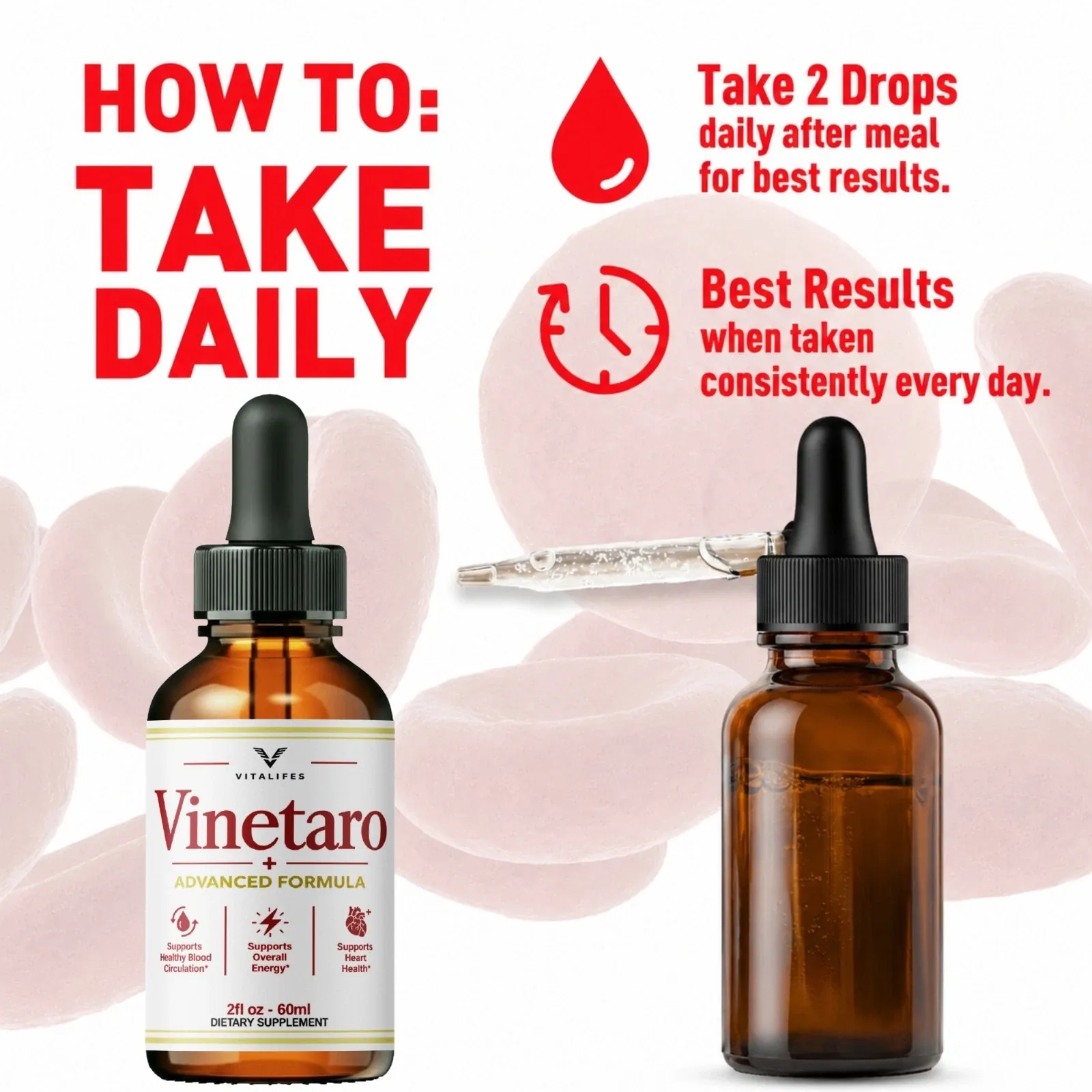The seller&rsquo;s how-to-take-daily panel for Vinetaro Drops, showing the dropper and the daily direction
